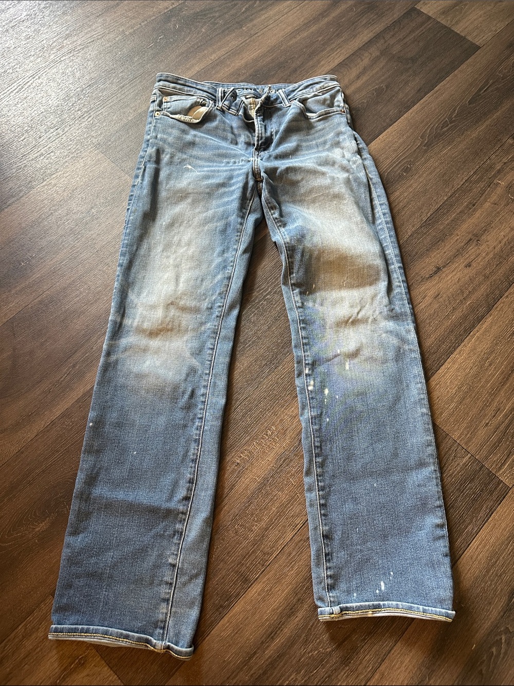 American Eagle Classic Straight-Leg Blue Jeans with Worn Paint-Splatter Detail